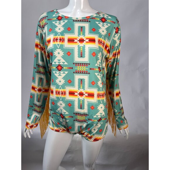 GG Western Wear Aztec Print Long Sleeve Fringe Body Suit - Picture 2 of 16